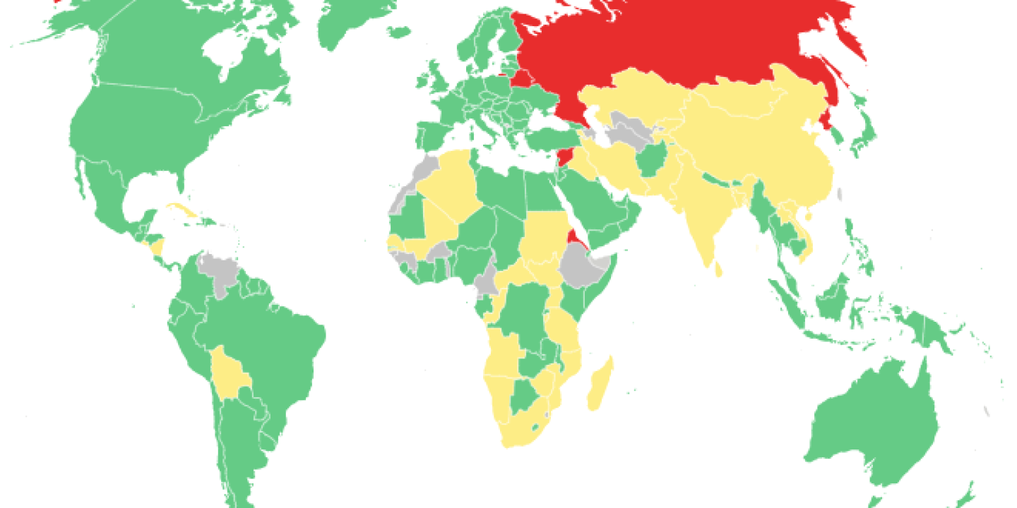 Résultat du vote de la résolution de l’Assemblée générale des Nations unies condamnant la guerre en Ukraine et demandant le retrait immédiat des forces russes, le 2 mars 2022 (Journal Le Monde). En vert : pour (141), en jaune : abstention (35), en rouge : contre (5).