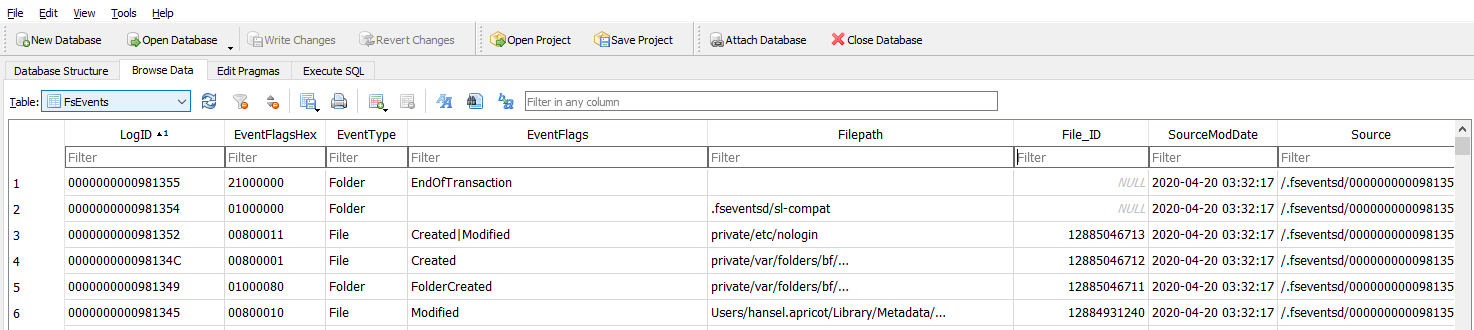 MacOS file system event logs view.