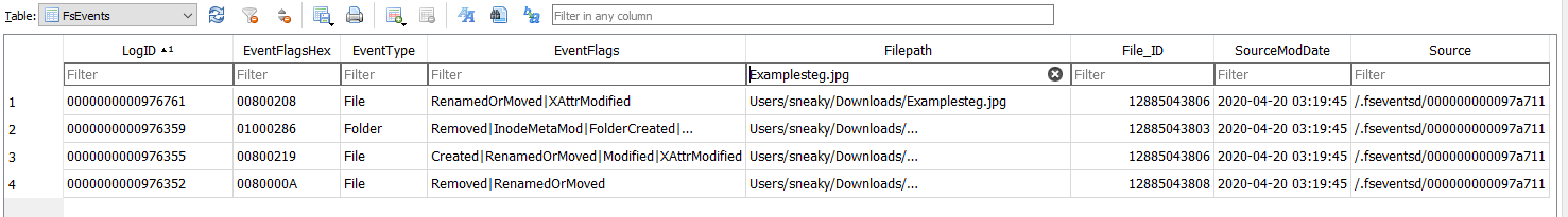 MacOS file system event logs view for Examplesteg.jpg.